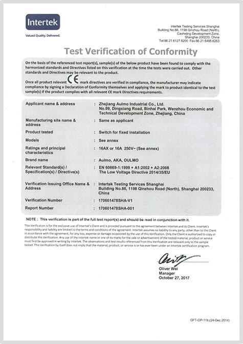 Test Verification of Conformity (CE) — 170601478SHA-V1