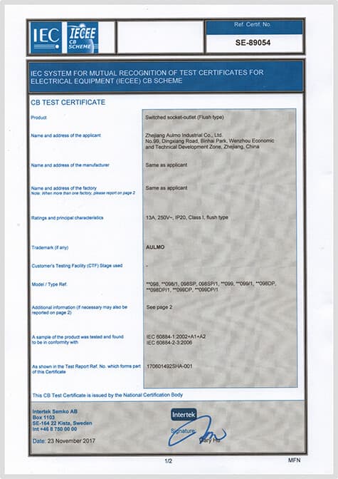 IEC CB Test Certificate — SE-89054