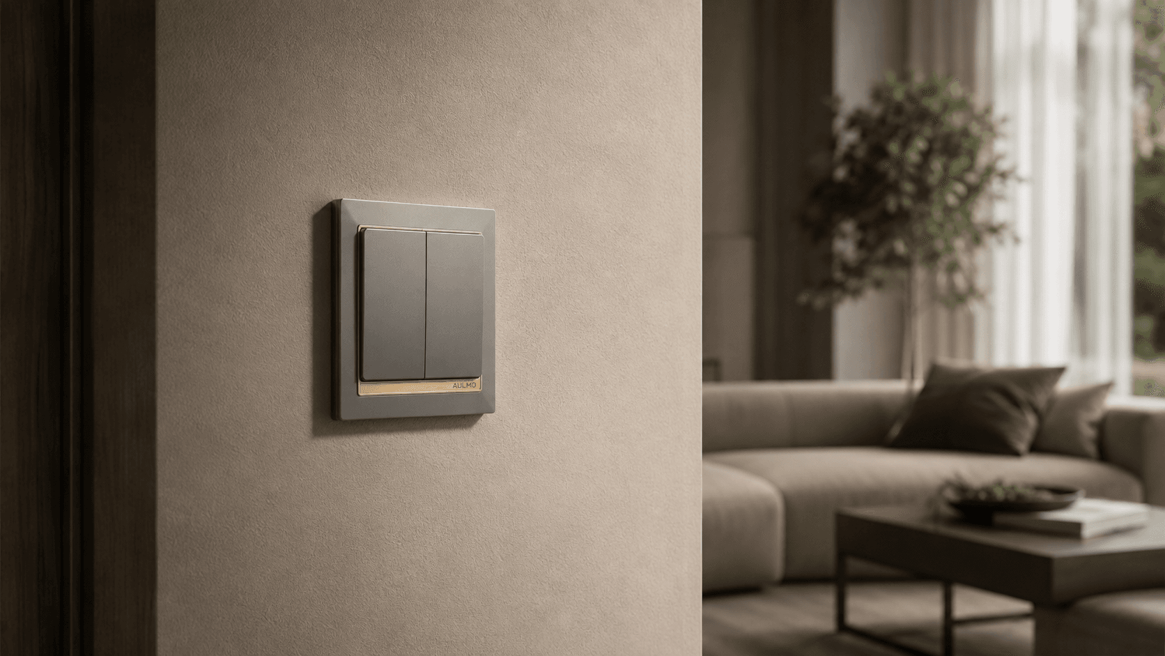 AULMO switch installed beside a modern living room