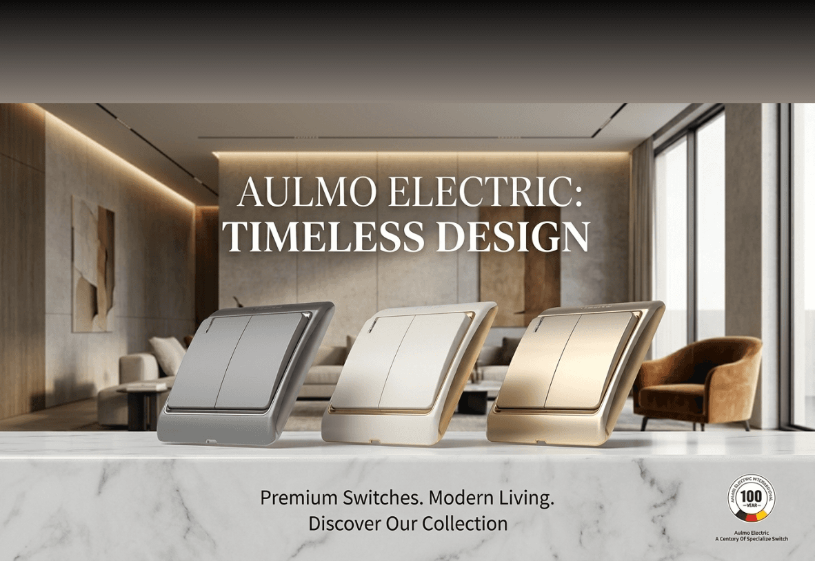 AULMO DZ Series switches — graphite black, champagne gold, and platinum gray — timeless design