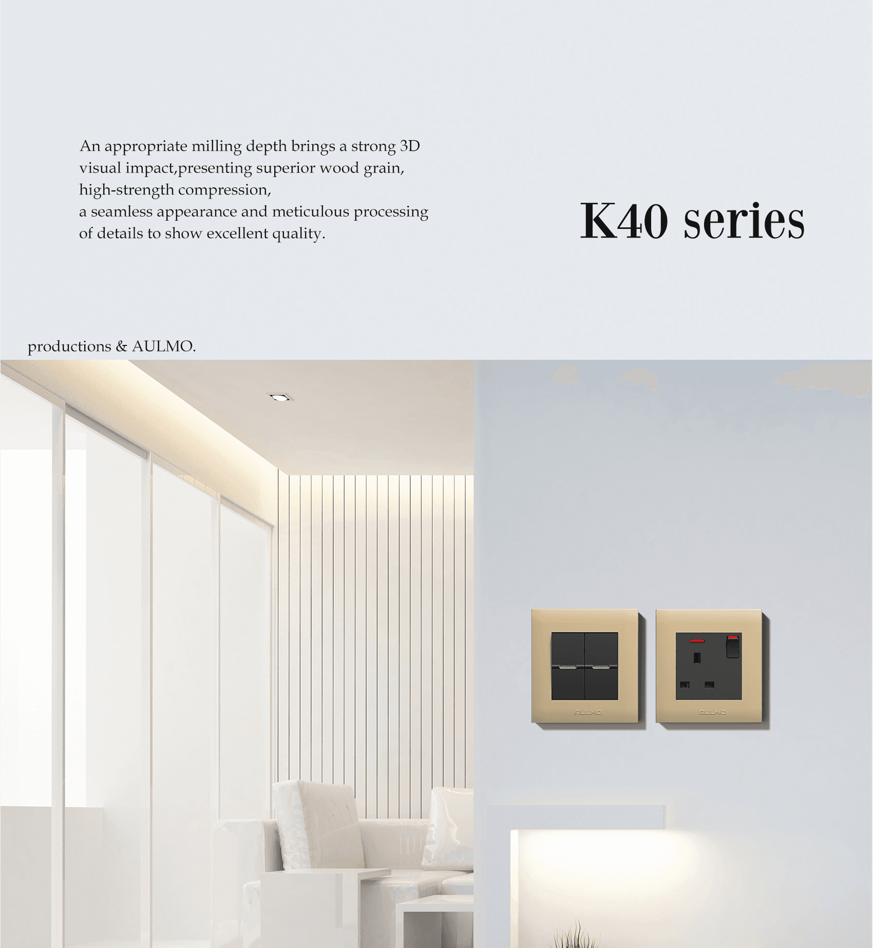 AULMO K40 Series switch and socket installed, gold