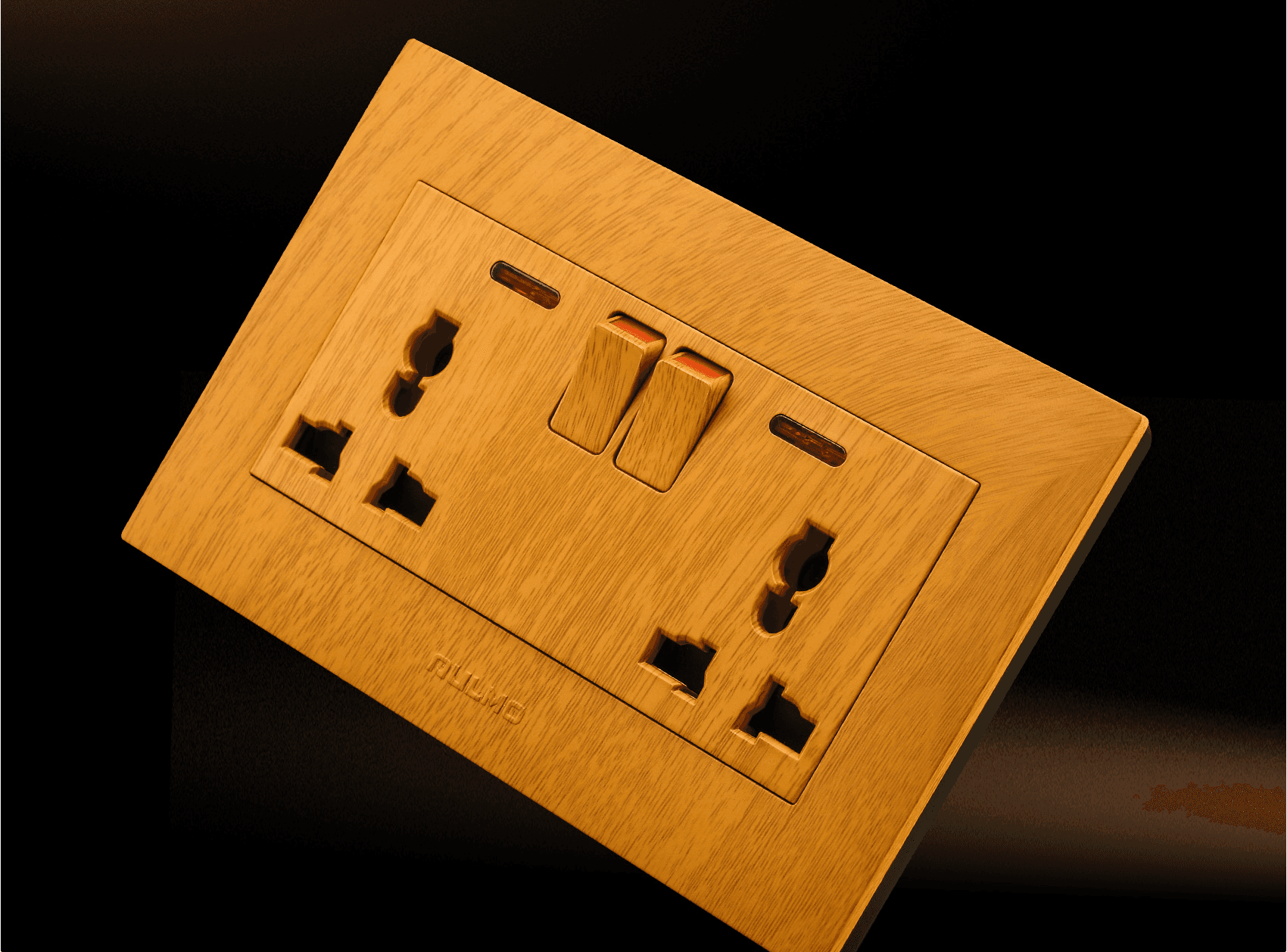 AULMO K50 Series switch and socket detail, yellow wood grain