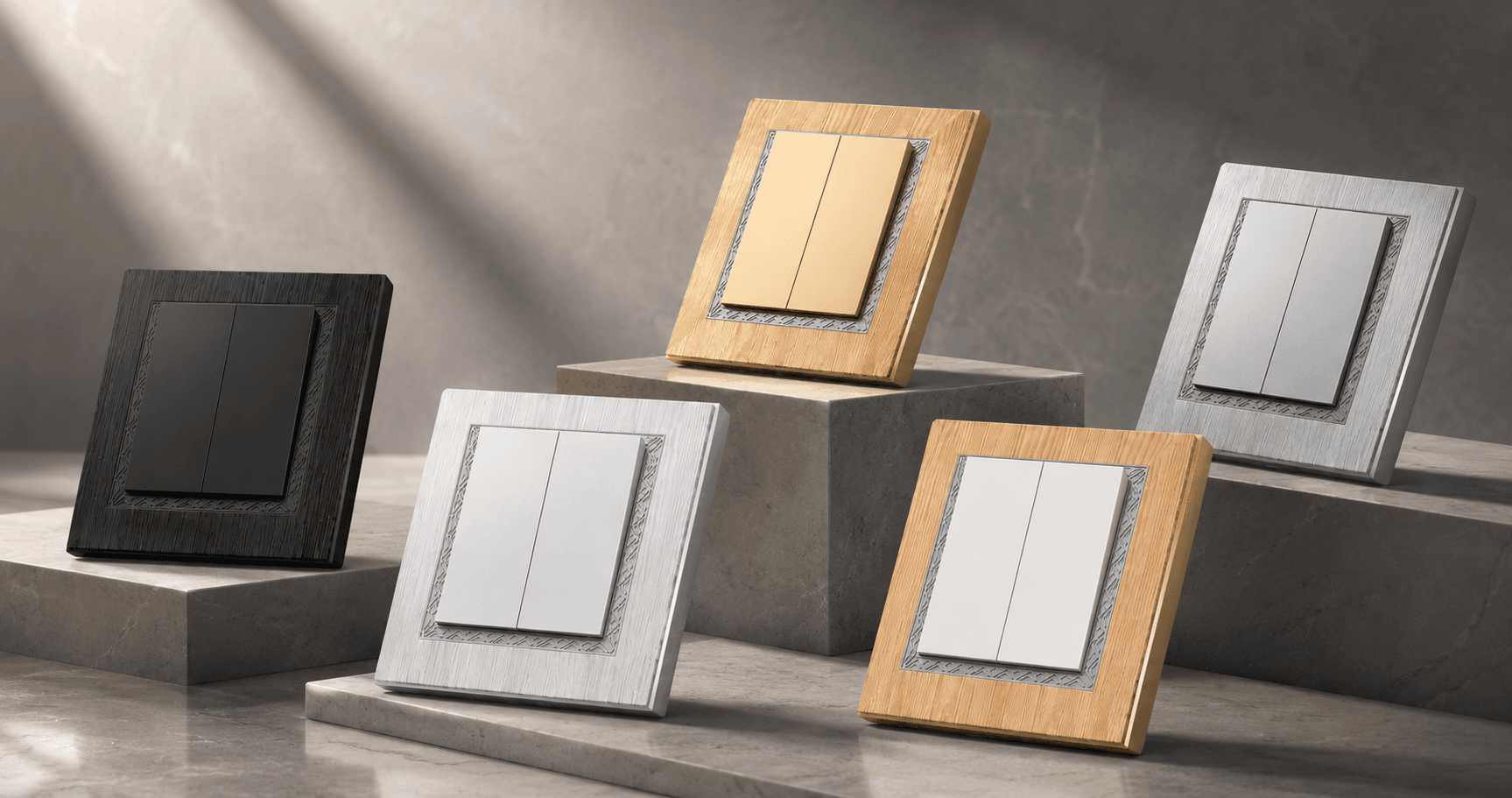 AULMO M Series switches — champagne gold, graphite black, graphite gray, pearl white and natural wood veneer