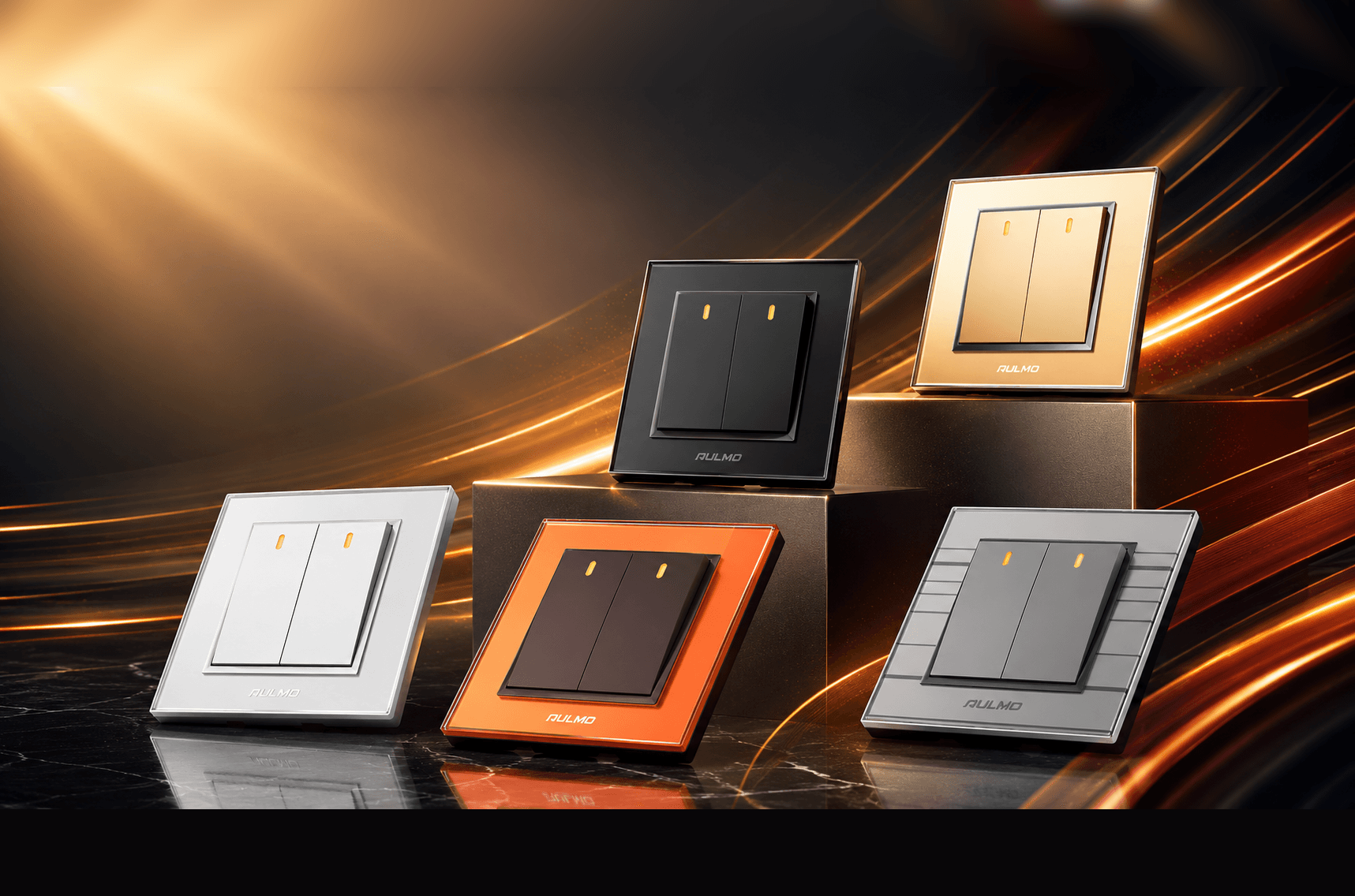 AULMO S Series switches — black, gold, white, orange and gray